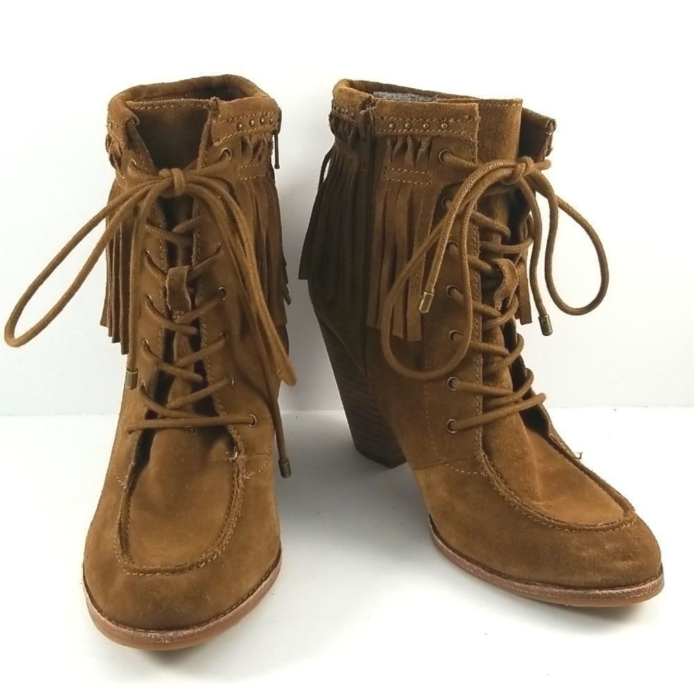 Gianni Bini Brown Suede Fringe‎ Lace Up Ankle Boots Size 8M Studded Boho Booties